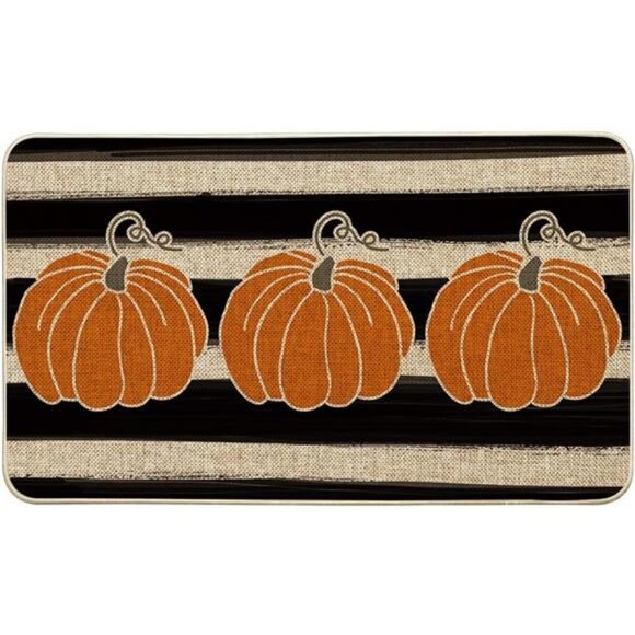 Stripes Pumpkins Fall Doormat, Autumn Home Decor Low-Profile Switch Rug 17x29 in - Picture 1 of 7